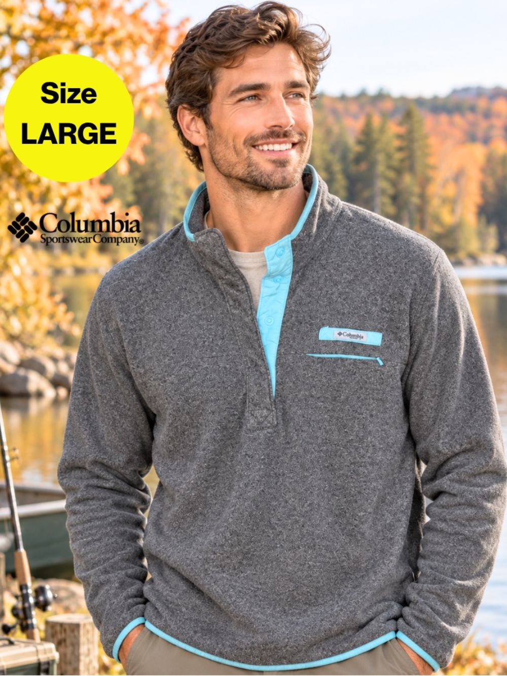 COLUMBIA 🎣 PFG Gray Fleece Jacket, Light Blue Trim, 3/4 Button-Up (Men’s Large)